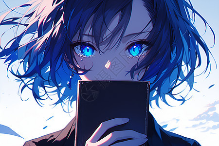 蓝色眼眸的女孩阅读书本图片
