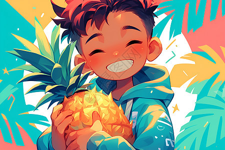 男孩抱着菠萝图片
