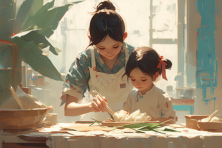 母女制作粽子的温馨时刻图片