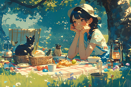 野餐的女孩和猫咪图片