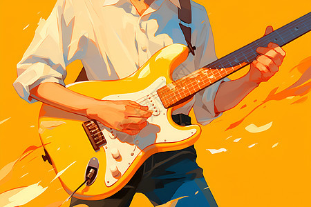 弹吉他的男人在黄色背景中图片