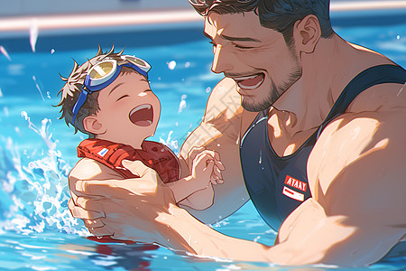 爸爸在游泳池中鼓励他的孩子图片