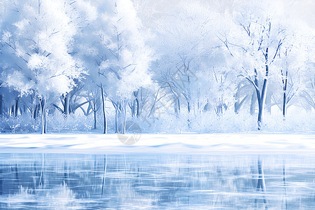 画作的冬季湖畔图片