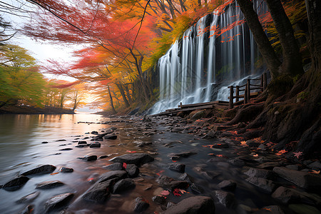 秋天湖泊的瀑布图片
