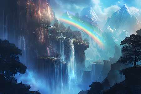 瀑布上的彩虹图片
