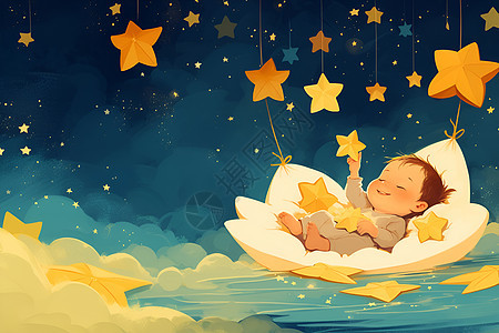 婴儿躺在带有星星的云朵上图片