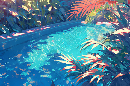 植物环绕的游泳池图片
