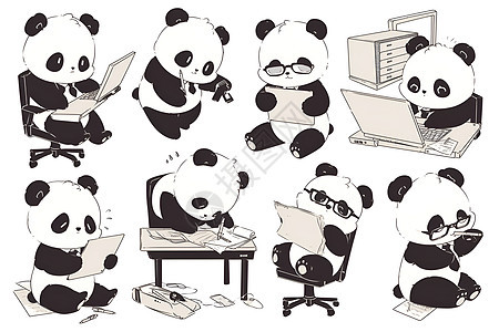 黑白线条小熊猫再办公室工作图片