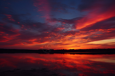 夕阳如火的湖面图片