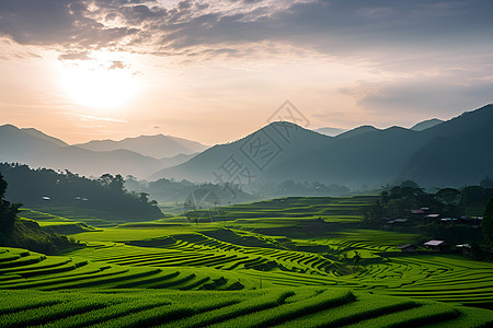 夕阳余晖下的稻田图片