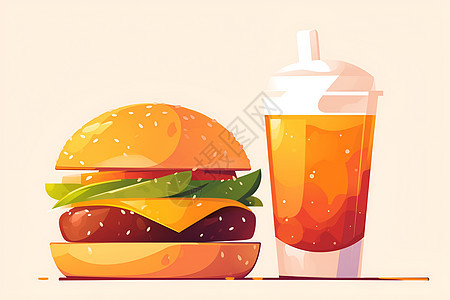 美味汉堡与饮料的简约矢量艺术图片