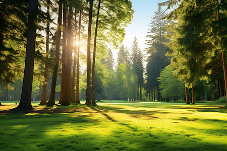 阳光穿过树木照在一个草地上图片