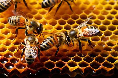 蜜蜂在蜂巢上采蜜图片