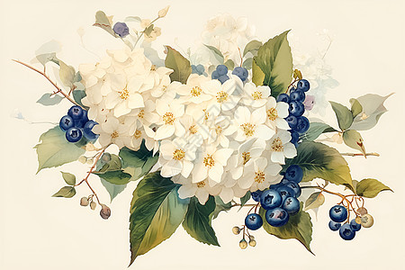 白绣球花的艺术插画图片