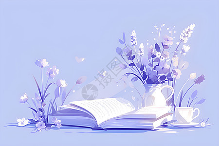 紫色背景中的书本和植物图片