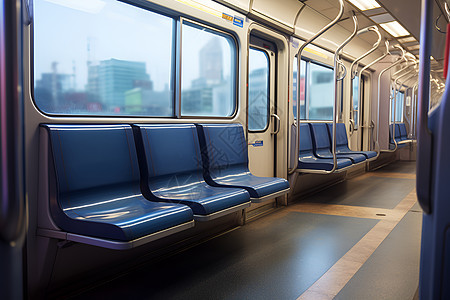 城市列车上的蓝色座椅图片