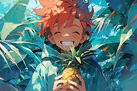 男孩抱着菠萝图片
