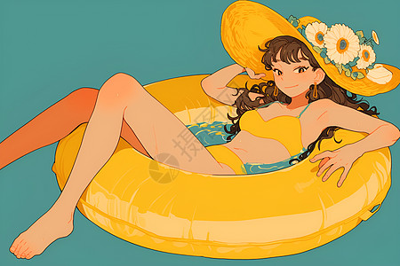 躺在泳圈上享受夏日的少女图片