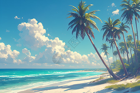 蓝天白云下的椰子树图片