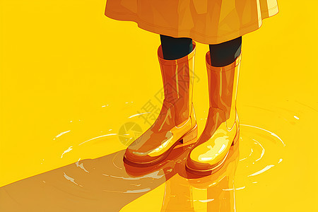 穿黄色雨靴的人站在水坑中图片