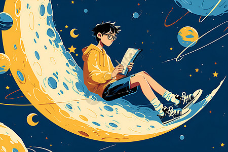 月亮上看书的男孩插图图片