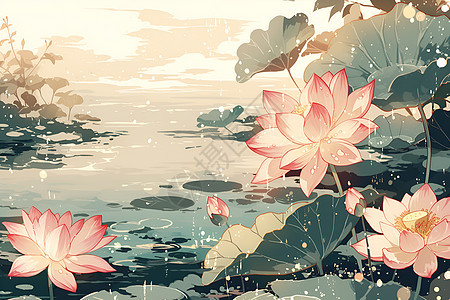 水上漂浮的粉色莲花图片
