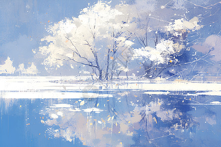 湖边的树木插画图片
