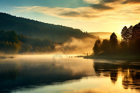 日出时的山谷湖泊图片