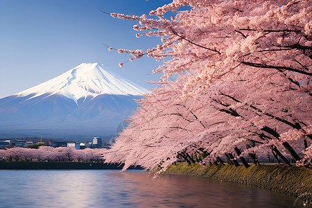 樱花湖上的富士山图片