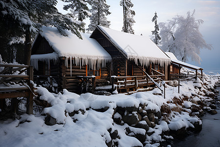 冬季湖边木屋图片