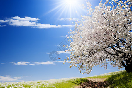 白花树下的阳光小径图片