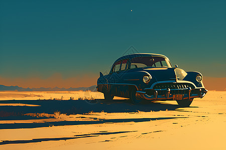 沙漠公路上的复古蓝色汽车图片