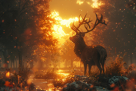 夕阳森林中的鹿图片