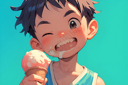 阳光男孩享受冰淇淋图片