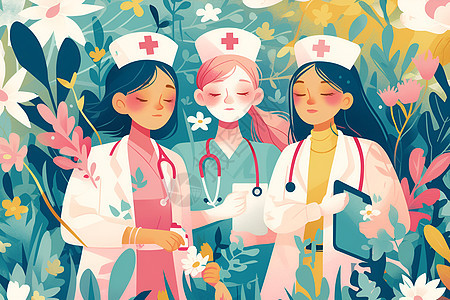 花海中的三位女医护人员图片
