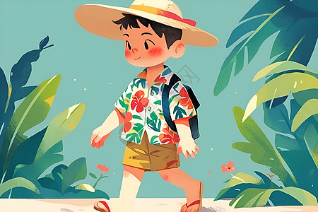 小男孩穿着花衬衫走在沙滩上图片