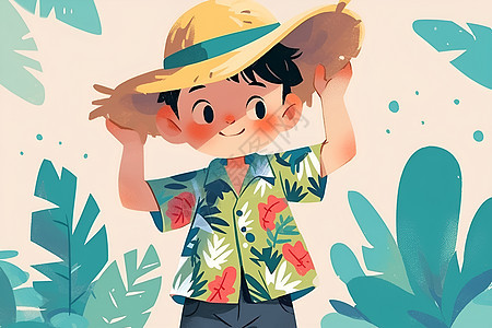 草帽男孩站在沙滩上图片