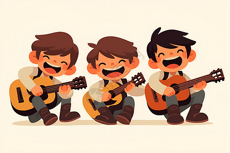 三个快乐的孩子弹吉他图片