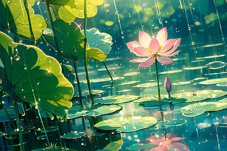 粉色花浮于池塘上图片