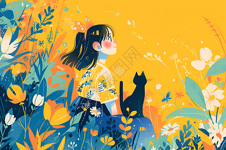 花丛中的少女和黑猫图片