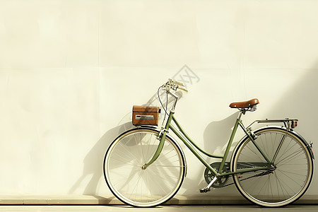 停在墙边的绿色自行车图片