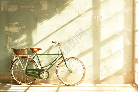 自行车倚靠在阳光下图片
