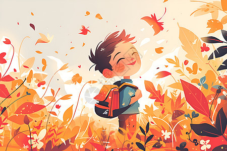 秋天和男孩插画图片