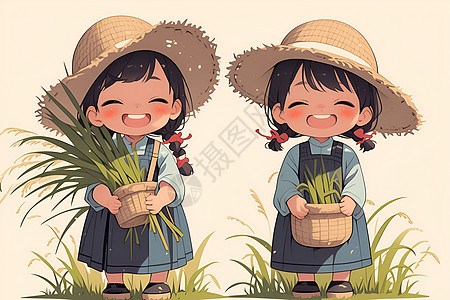 两个小女孩戴帽子捧着植物图片