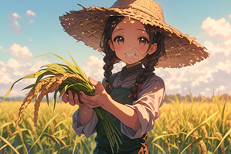 乡村小女孩在收割麦子图片