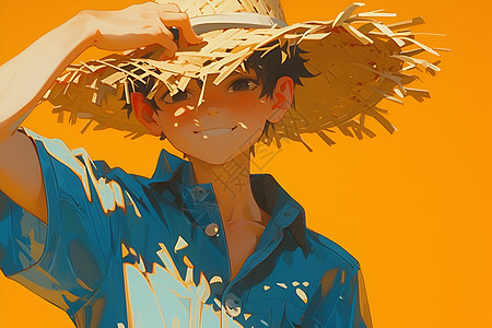 男孩戴着稻草帽图片