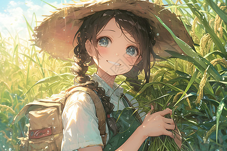 田间一个可爱的女孩正在收割稻谷图片