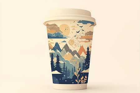 咖啡杯上的山脉图案图片