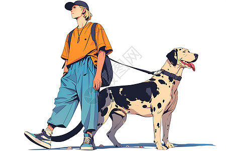 男人牵着狗散步的插画图片