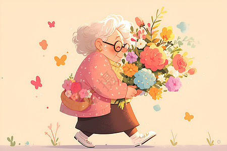 可爱奶奶手持鲜花图片